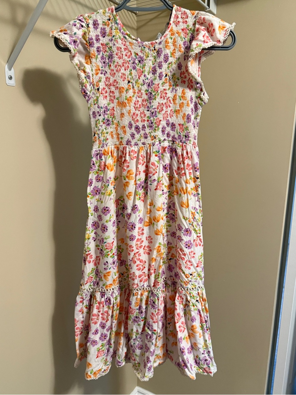 Patrons of Peace Floral Smocked Midi Dress in Purple, Orange & Cream